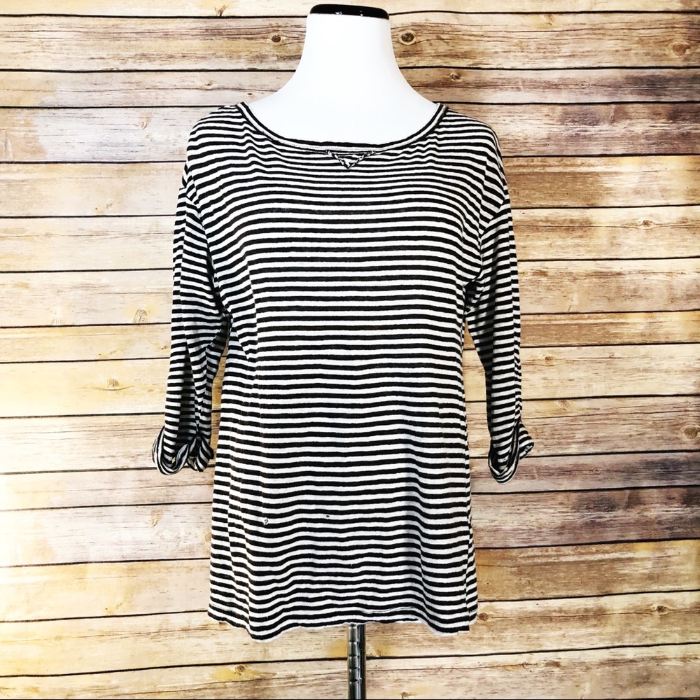 Joie Brown & Tan Striped Linen 3/4 Sleeve Blouse